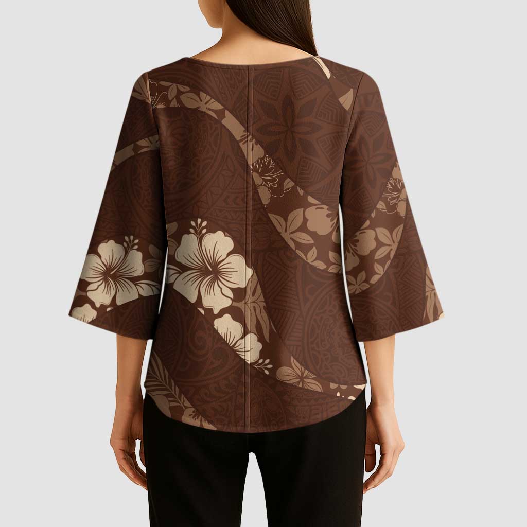 Aloha Hawaii Floral Tapa Kimono Sleeve Blouse Patchwork Mocha - Polynesian Pride