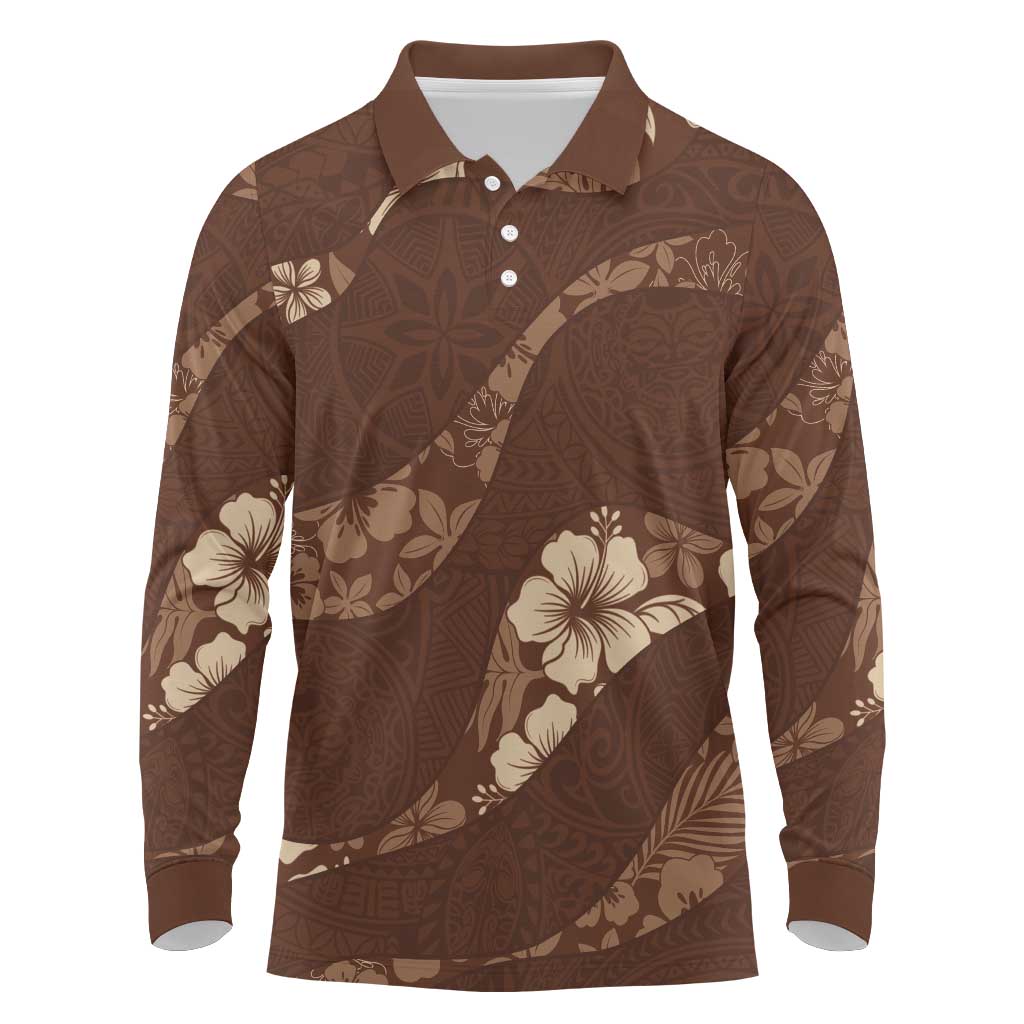 Aloha Hawaii Floral Tapa Long Sleeve Polo Shirt Patchwork Mocha - Polynesian Pride