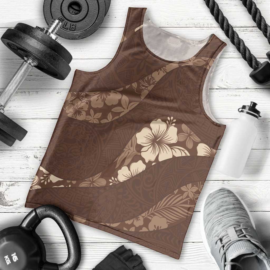 Aloha Hawaii Floral Tapa Men Tank Top Patchwork Mocha - Polynesian Pride