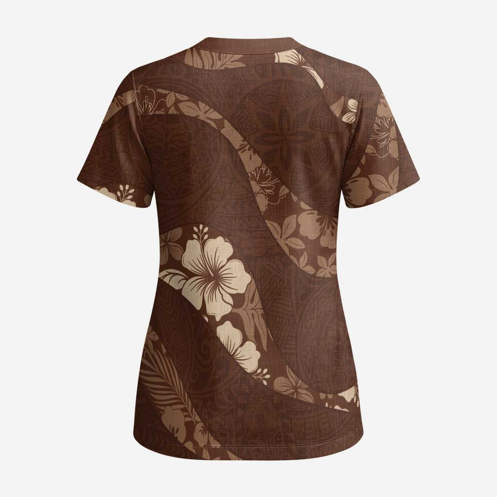 Aloha Hawaii Floral Tapa Scrub Top Patchwork Mocha - Polynesian Pride