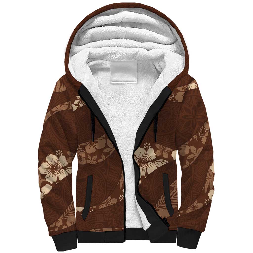Aloha Hawaii Floral Tapa Sherpa Hoodie Patchwork Mocha - Polynesian Pride