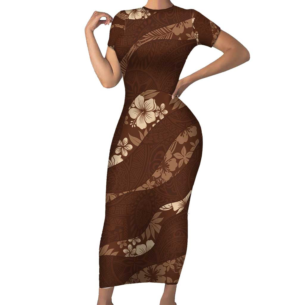 Aloha Hawaii Floral Tapa Short Sleeve Bodycon Dress Patchwork Mocha - Polynesian Pride