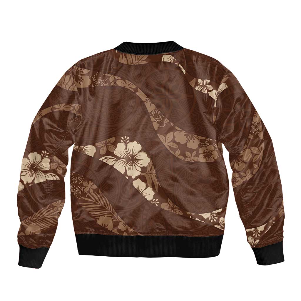 Aloha Hawaii Floral Tapa Sleeve Zip Bomber Jacket Patchwork Mocha - Polynesian Pride