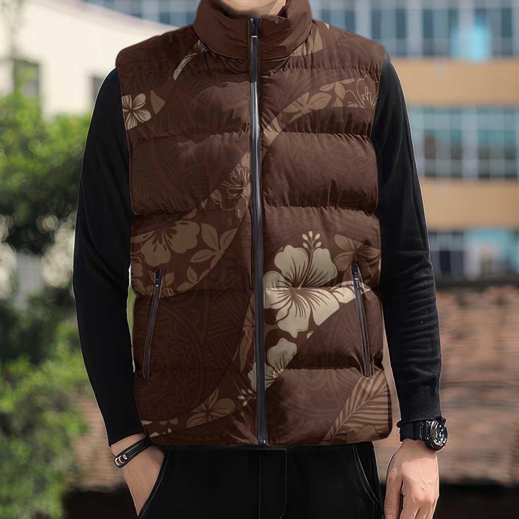 Aloha Hawaii Floral Tapa Sleeveless Puffer Jacket Patchwork Mocha - Polynesian Pride