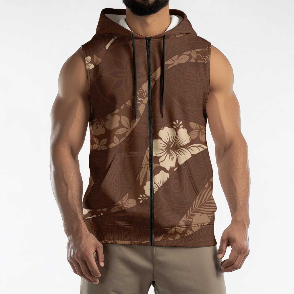 Aloha Hawaii Floral Tapa Sleeveless Zip Hoodie Patchwork Mocha LT7