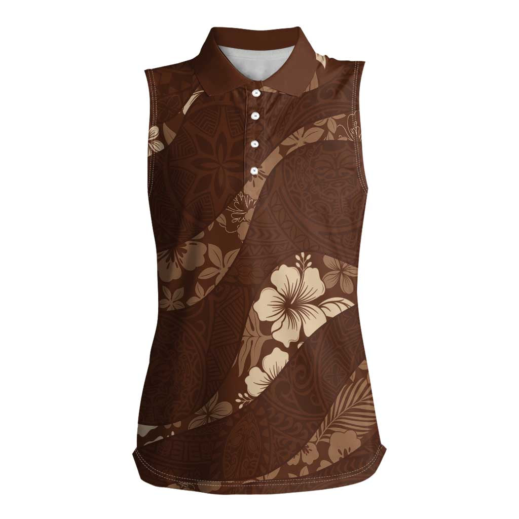 Aloha Hawaii Floral Tapa Women Sleeveless Polo Shirt Patchwork Mocha - Polynesian Pride