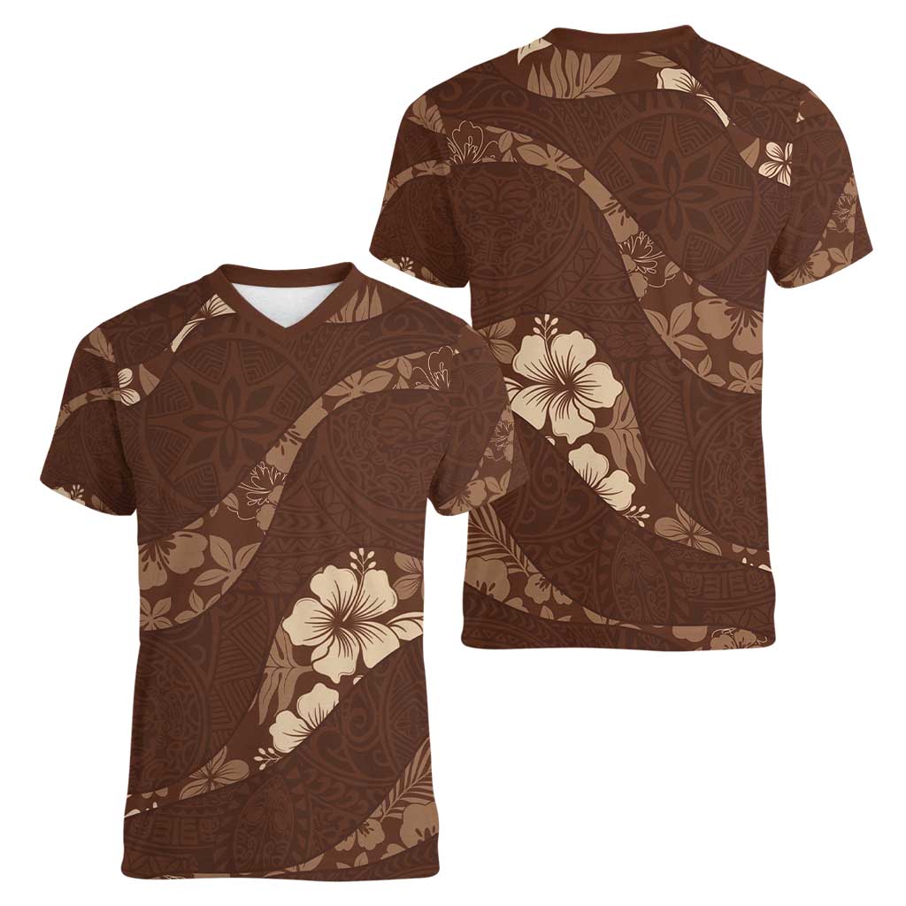 Aloha Hawaii Floral Tapa Women V-Neck T-Shirt Patchwork Mocha - Polynesian Pride