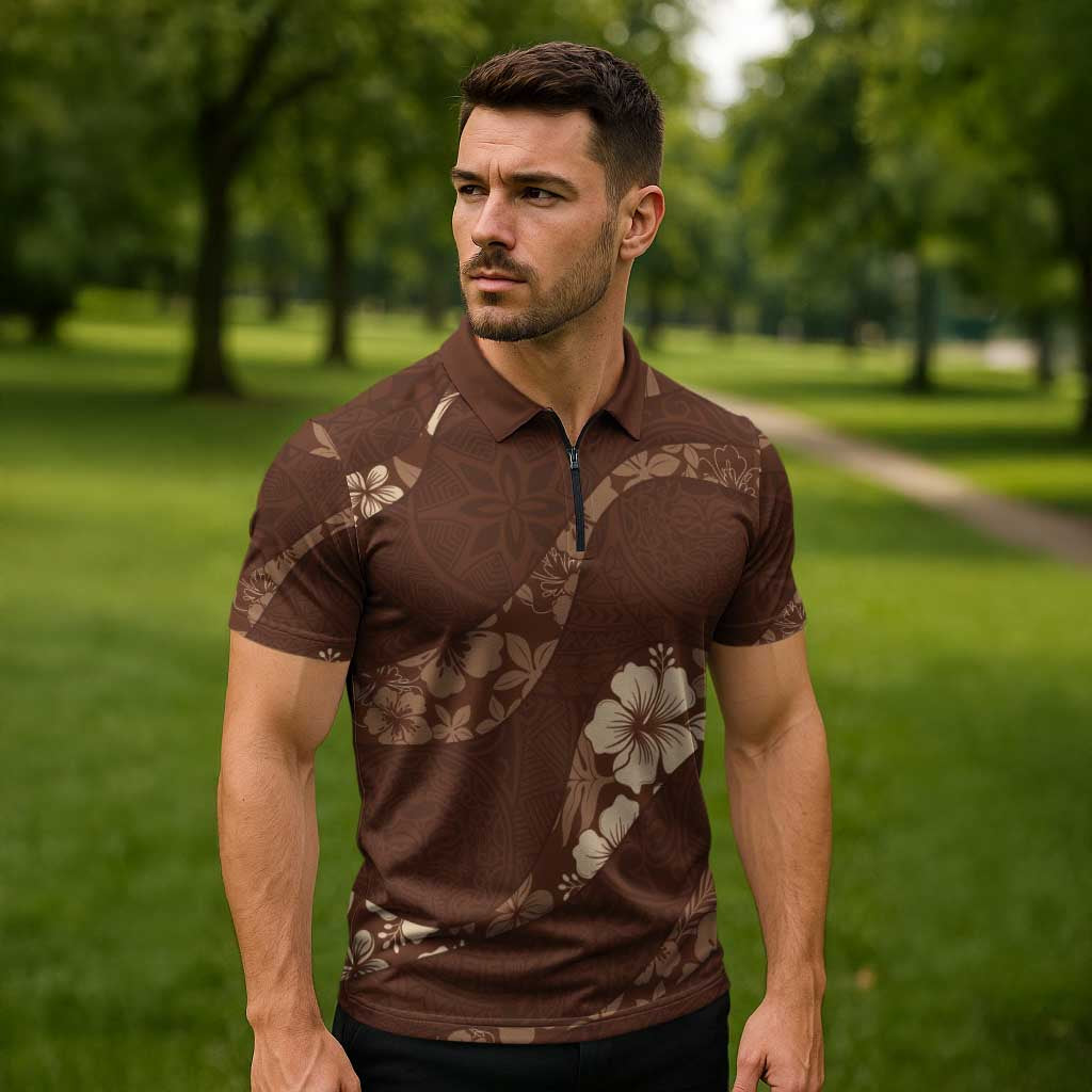 Aloha Hawaii Floral Tapa Zipper Polo Shirt Patchwork Mocha - Polynesian Pride