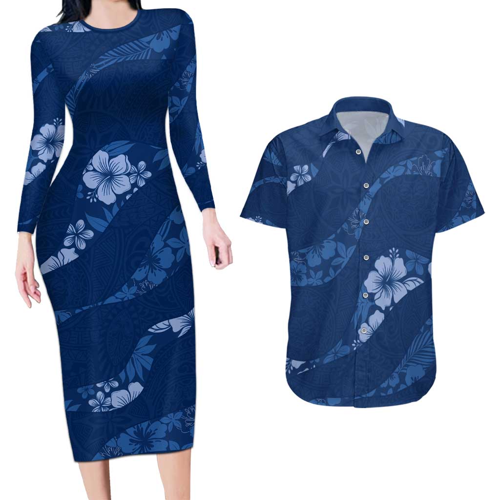 Aloha Hawaii Floral Tapa Couples Matching Long Sleeve Bodycon Dress and Hawaiian Shirt Patchwork Navy - Polynesian Pride
