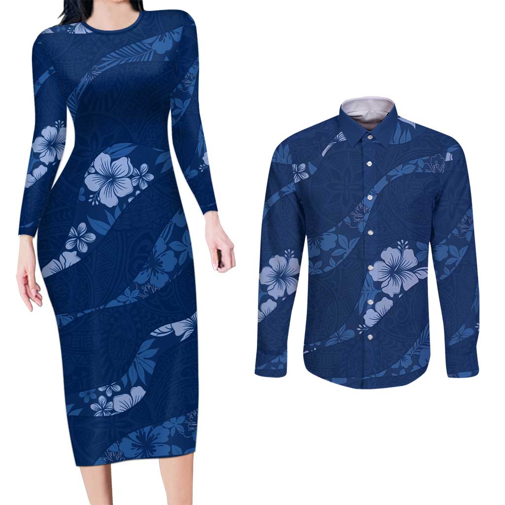 Aloha Hawaii Floral Tapa Couples Matching Long Sleeve Bodycon Dress and Long Sleeve Button Shirt Patchwork Navy LT7 Navy - Polynesian Pride