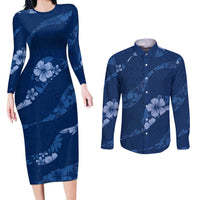 Aloha Hawaii Floral Tapa Couples Matching Long Sleeve Bodycon Dress and Long Sleeve Button Shirt Patchwork Navy LT7 Navy - Polynesian Pride