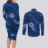 Aloha Hawaii Floral Tapa Couples Matching Long Sleeve Bodycon Dress and Long Sleeve Button Shirt Patchwork Navy LT7 - Polynesian Pride