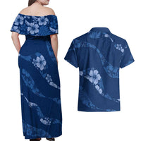 Aloha Hawaii Floral Tapa Couples Matching Off Shoulder Maxi Dress and Hawaiian Shirt Patchwork Navy - Polynesian Pride