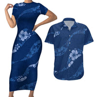 Aloha Hawaii Floral Tapa Couples Matching Short Sleeve Bodycon Dress and Hawaiian Shirt Patchwork Navy - Polynesian Pride