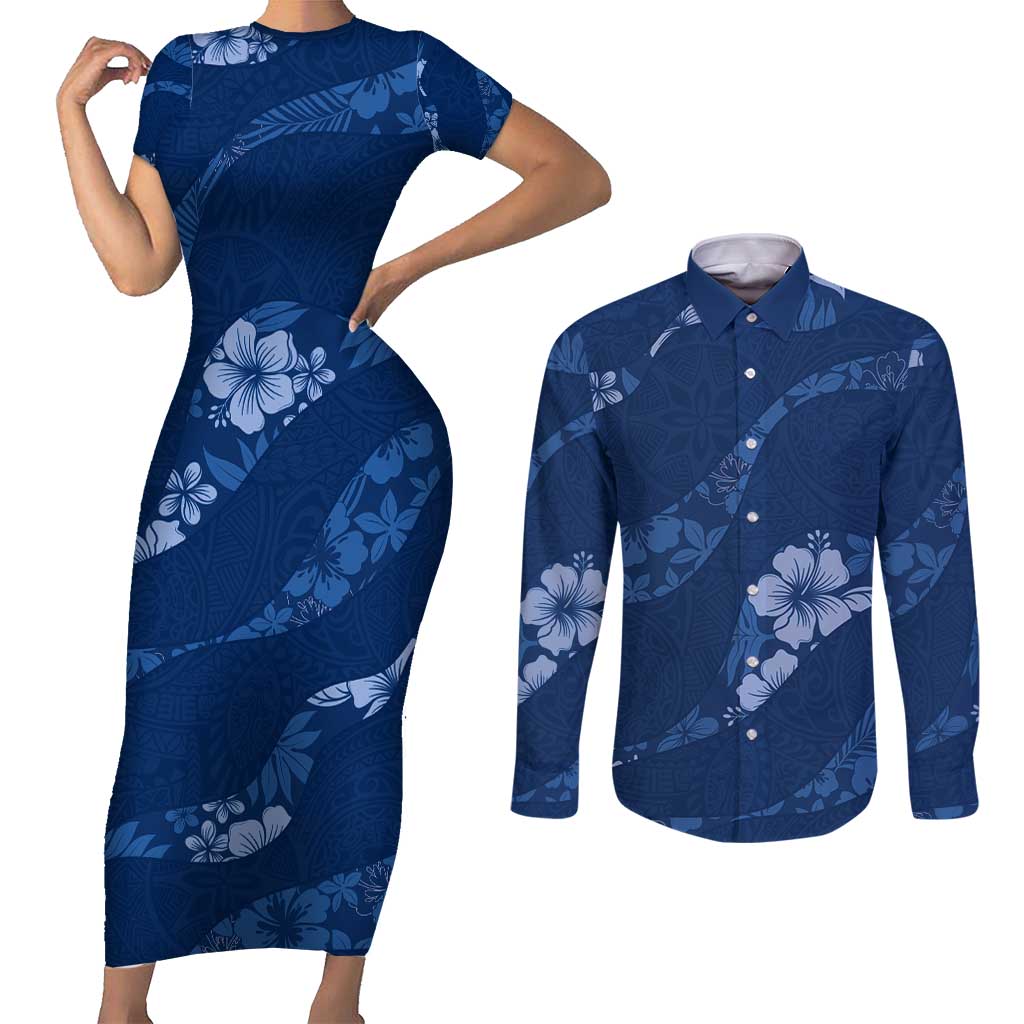 Aloha Hawaii Floral Tapa Couples Matching Short Sleeve Bodycon Dress and Long Sleeve Button Shirt Patchwork Navy LT7 Navy - Polynesian Pride