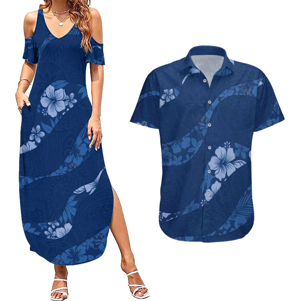 Aloha Hawaii Floral Tapa Couples Matching Summer Maxi Dress and Hawaiian Shirt Patchwork Navy - Polynesian Pride