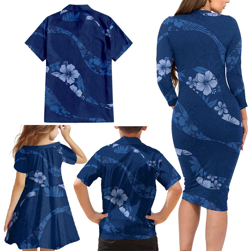 Aloha Hawaii Floral Tapa Family Matching Long Sleeve Bodycon Dress and Hawaiian Shirt Patchwork Navy - Polynesian Pride