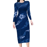Aloha Hawaii Floral Tapa Family Matching Long Sleeve Bodycon Dress and Hawaiian Shirt Patchwork Navy - Polynesian Pride