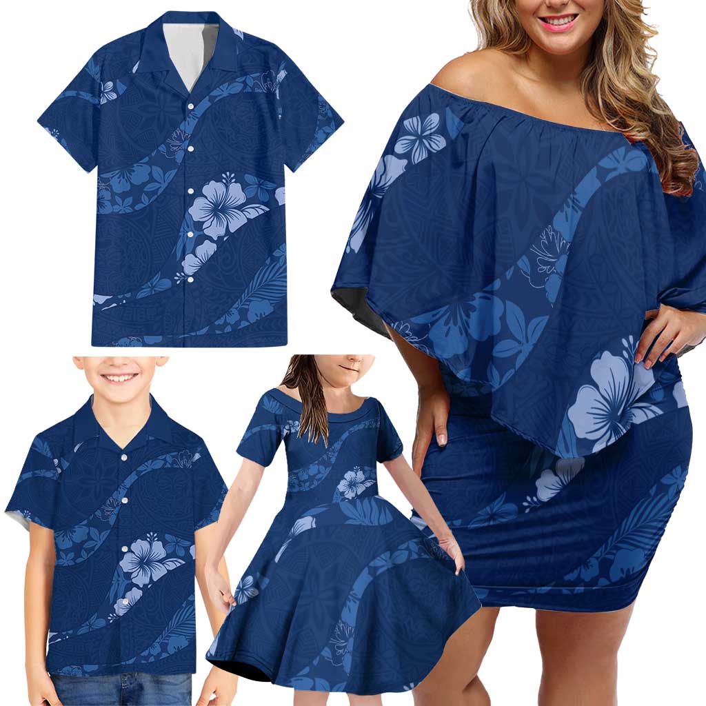 Aloha Hawaii Floral Tapa Family Matching Off Shoulder Short Dress and Hawaiian Shirt Patchwork Navy - Polynesian Pride