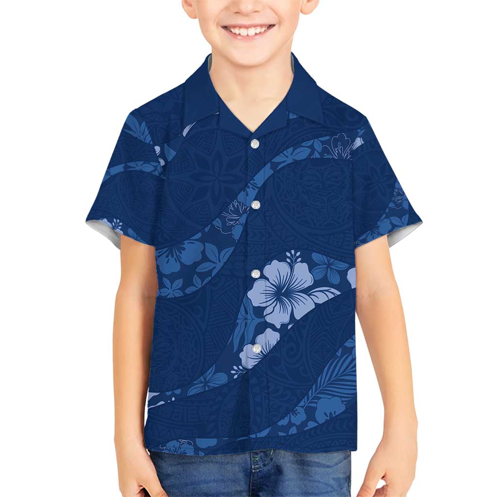 Aloha Hawaii Floral Tapa Family Matching Off Shoulder Short Dress and Hawaiian Shirt Patchwork Navy - Polynesian Pride