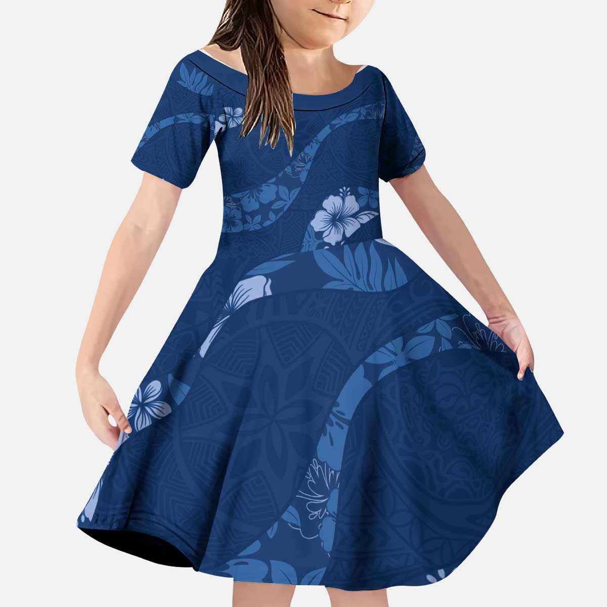 Aloha Hawaii Floral Tapa Kid Short Sleeve Dress Patchwork Navy - Polynesian Pride