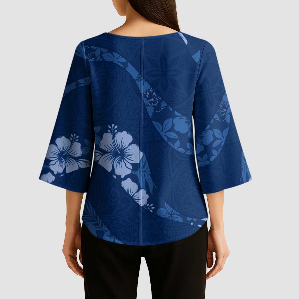 Aloha Hawaii Floral Tapa Kimono Sleeve Blouse Patchwork Navy - Polynesian Pride