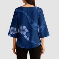 Aloha Hawaii Floral Tapa Kimono Sleeve Blouse Patchwork Navy - Polynesian Pride