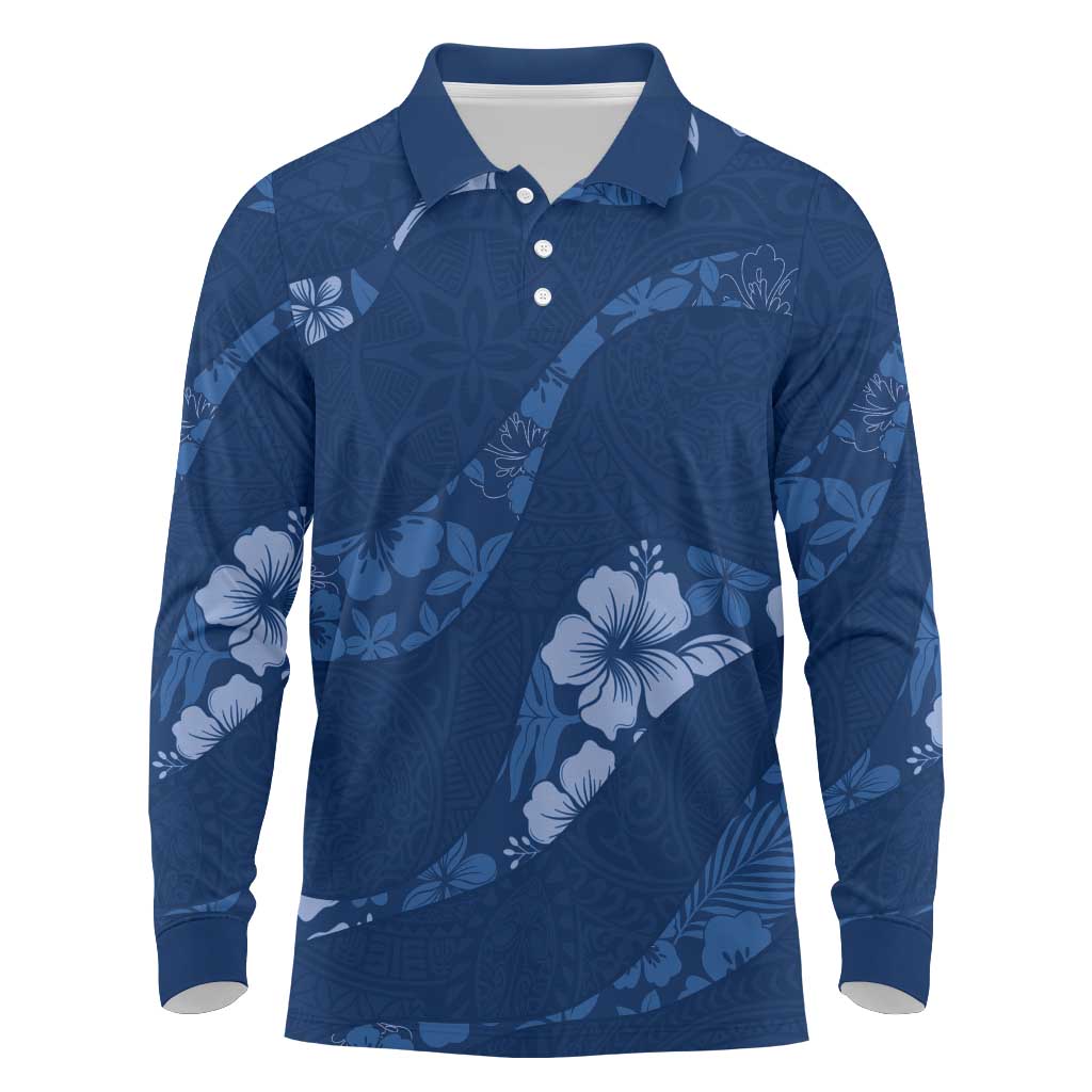 Aloha Hawaii Floral Tapa Long Sleeve Polo Shirt Patchwork Navy - Polynesian Pride