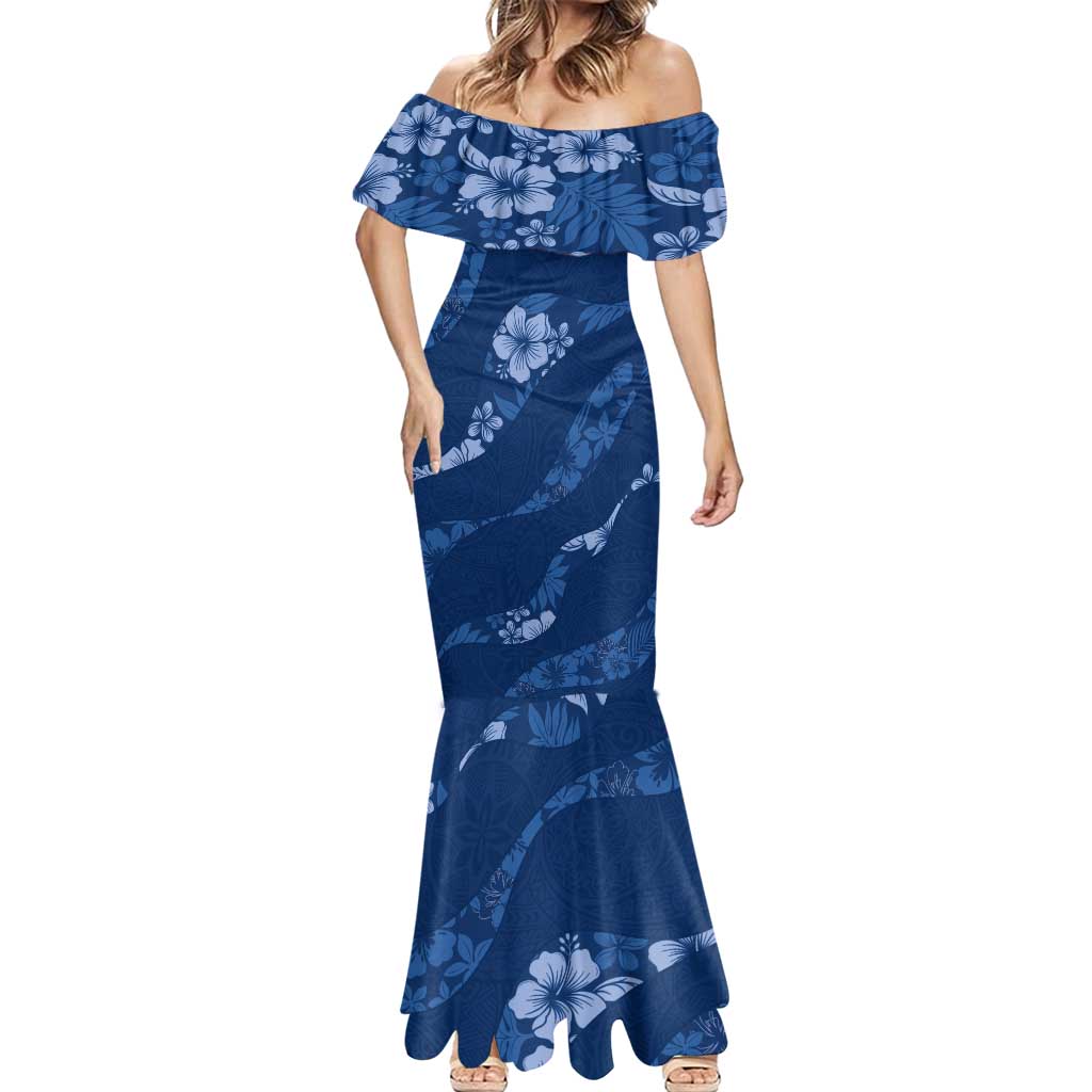 Aloha Hawaii Floral Tapa Mermaid Dress Patchwork Navy - Polynesian Pride