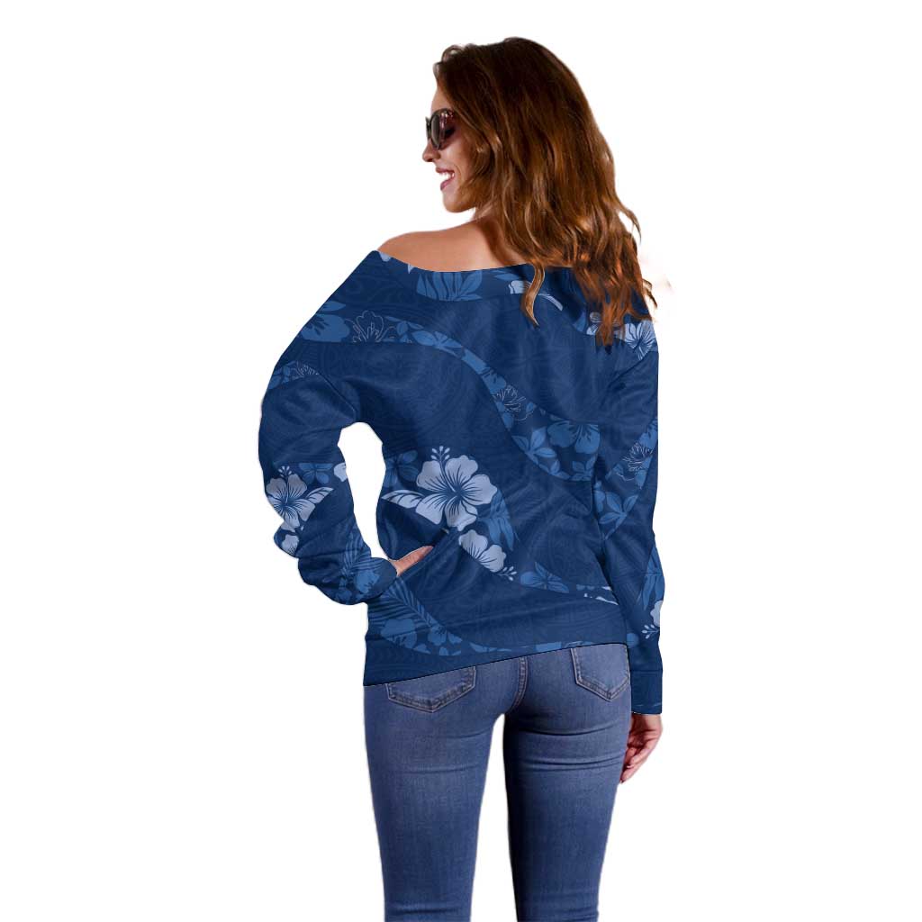 Aloha Hawaii Floral Tapa Off Shoulder Sweater Patchwork Navy - Polynesian Pride