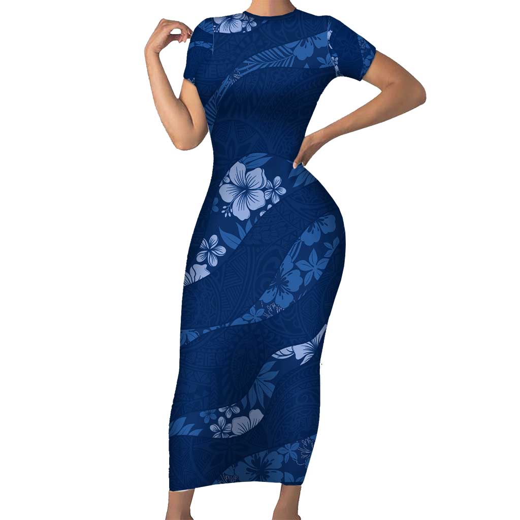 Aloha Hawaii Floral Tapa Short Sleeve Bodycon Dress Patchwork Navy - Polynesian Pride