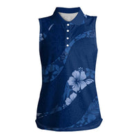Aloha Hawaii Floral Tapa Women Sleeveless Polo Shirt Patchwork Navy - Polynesian Pride