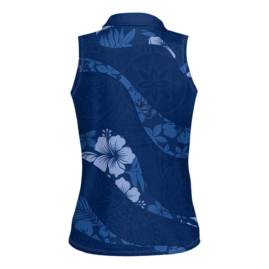 Aloha Hawaii Floral Tapa Women Sleeveless Polo Shirt Patchwork Navy - Polynesian Pride