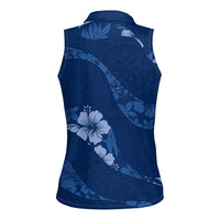 Aloha Hawaii Floral Tapa Women Sleeveless Polo Shirt Patchwork Navy - Polynesian Pride