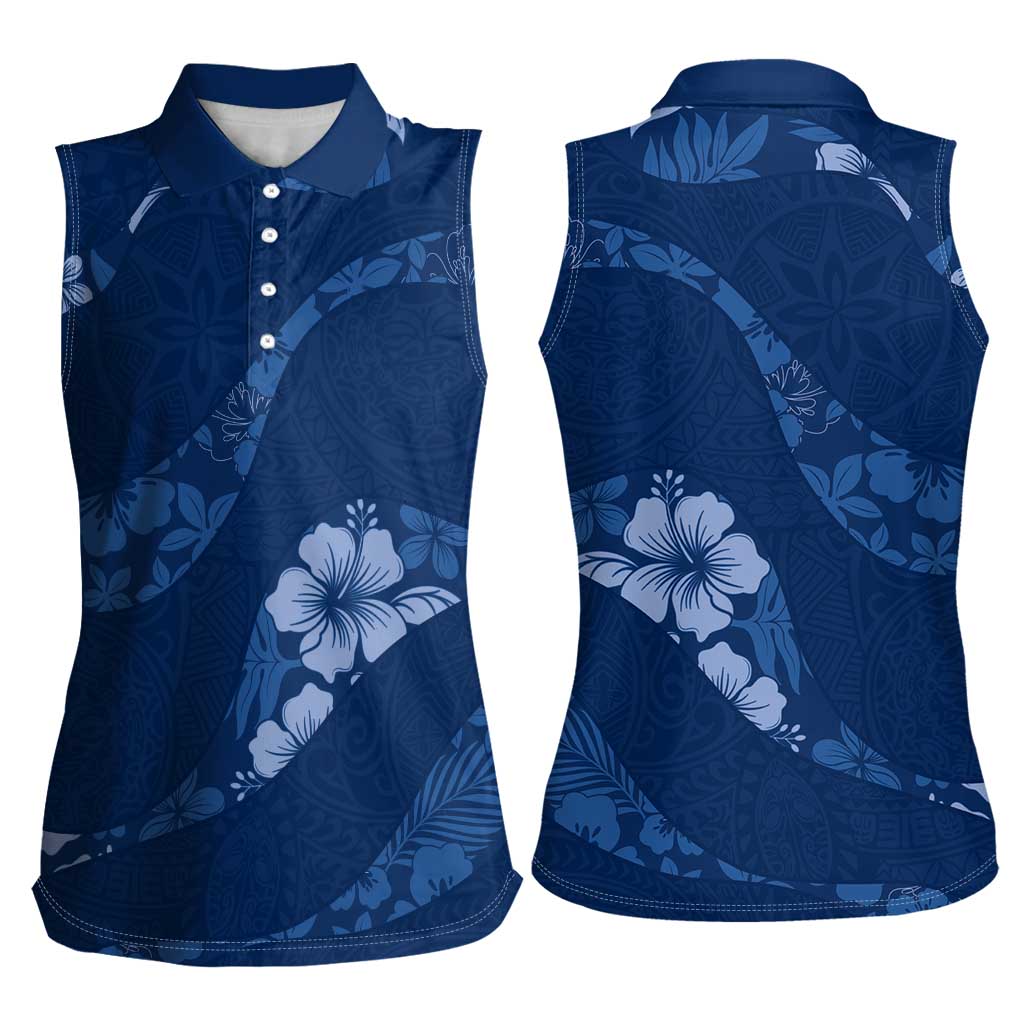 Aloha Hawaii Floral Tapa Women Sleeveless Polo Shirt Patchwork Navy - Polynesian Pride