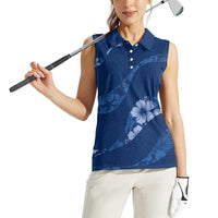 Aloha Hawaii Floral Tapa Women Sleeveless Polo Shirt Patchwork Navy - Polynesian Pride