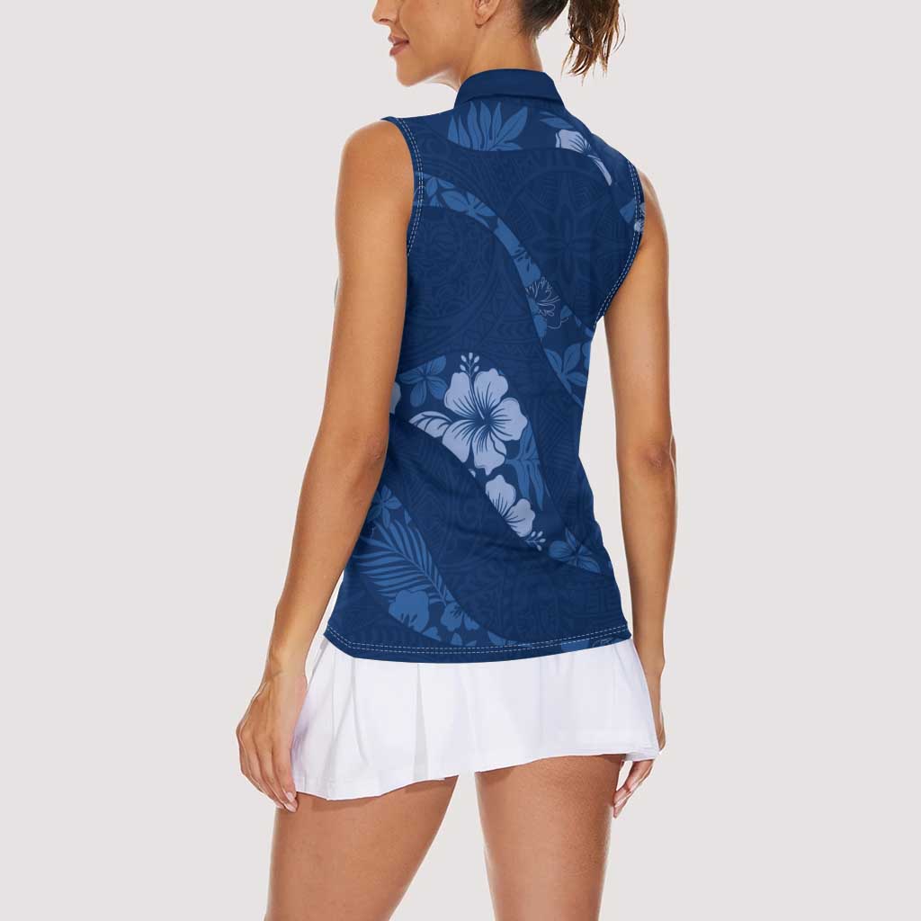 Aloha Hawaii Floral Tapa Women Sleeveless Polo Shirt Patchwork Navy - Polynesian Pride