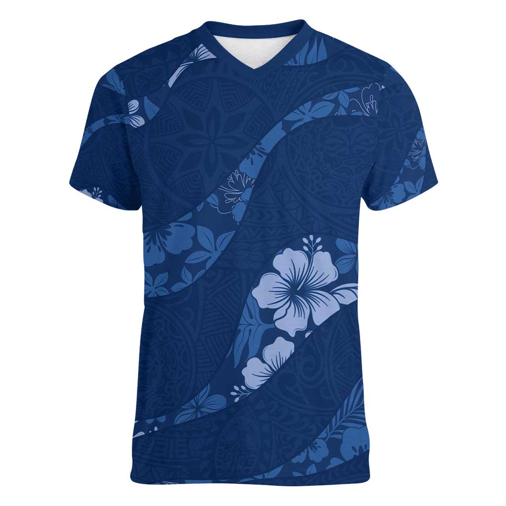 Aloha Hawaii Floral Tapa Women V-Neck T-Shirt Patchwork Navy - Polynesian Pride