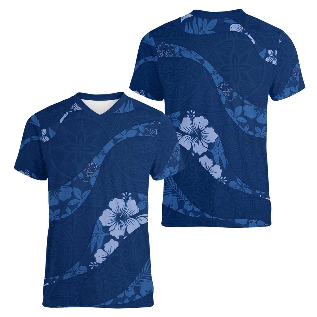 Aloha Hawaii Floral Tapa Women V-Neck T-Shirt Patchwork Navy - Polynesian Pride