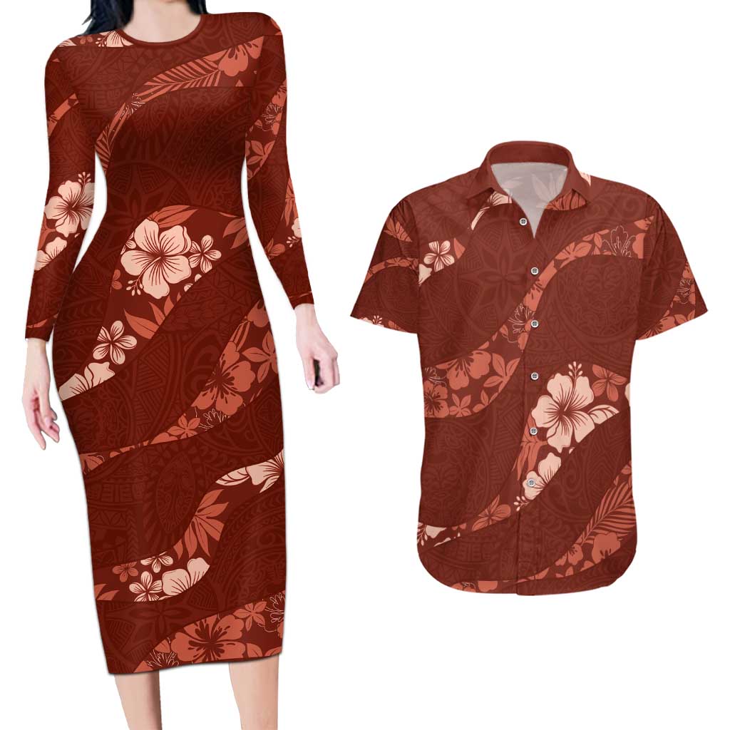 Aloha Hawaii Floral Tapa Couples Matching Long Sleeve Bodycon Dress and Hawaiian Shirt Patchwork Crimson - Polynesian Pride