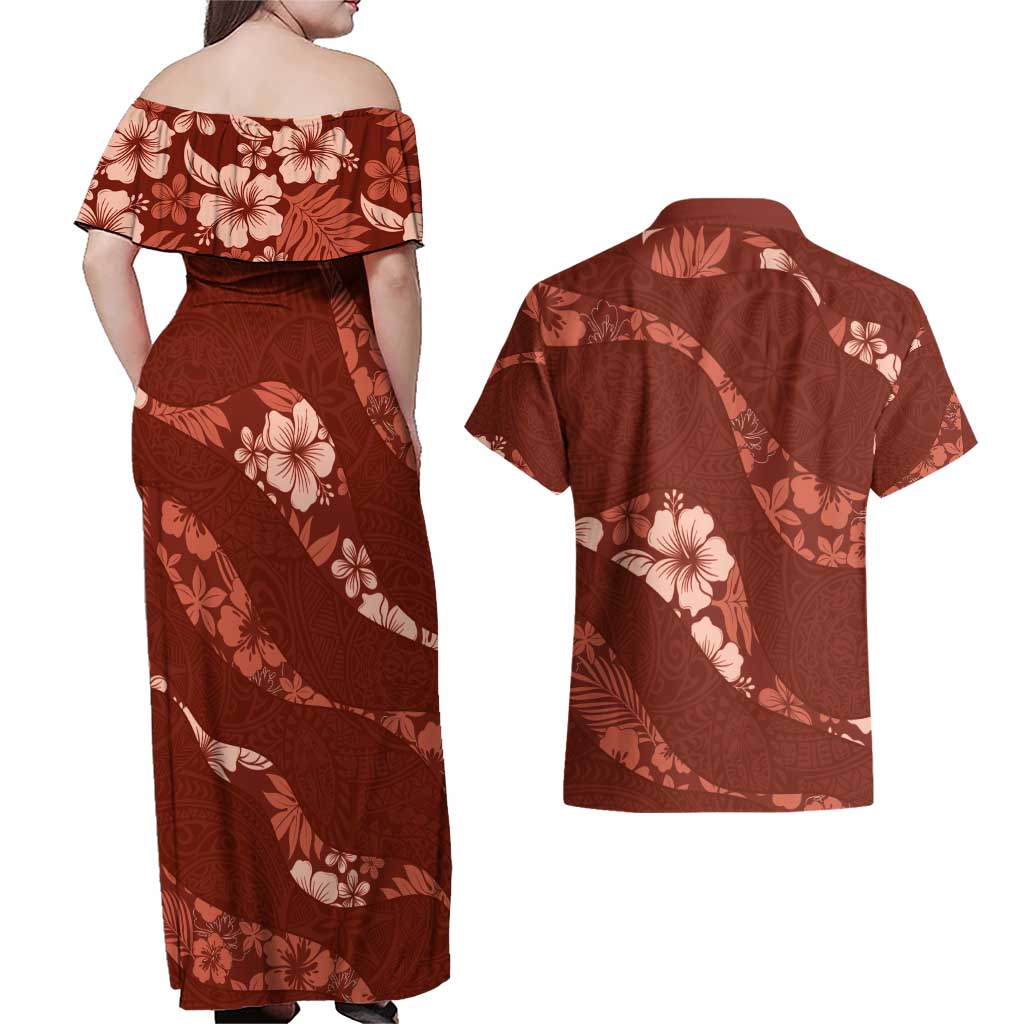 Aloha Hawaii Floral Tapa Couples Matching Off Shoulder Maxi Dress and Hawaiian Shirt Patchwork Crimson - Polynesian Pride