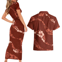 Aloha Hawaii Floral Tapa Couples Matching Short Sleeve Bodycon Dress and Hawaiian Shirt Patchwork Crimson - Polynesian Pride