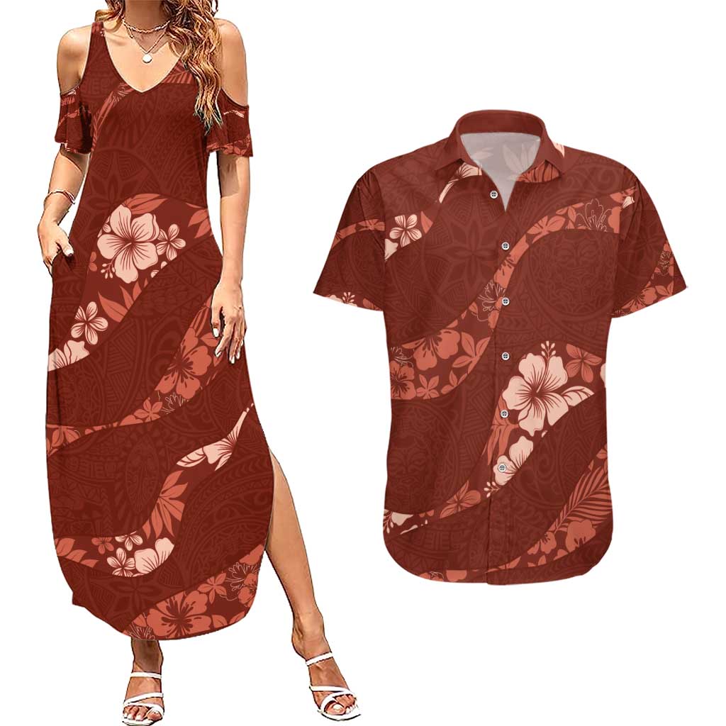 Aloha Hawaii Floral Tapa Couples Matching Summer Maxi Dress and Hawaiian Shirt Patchwork Crimson - Polynesian Pride