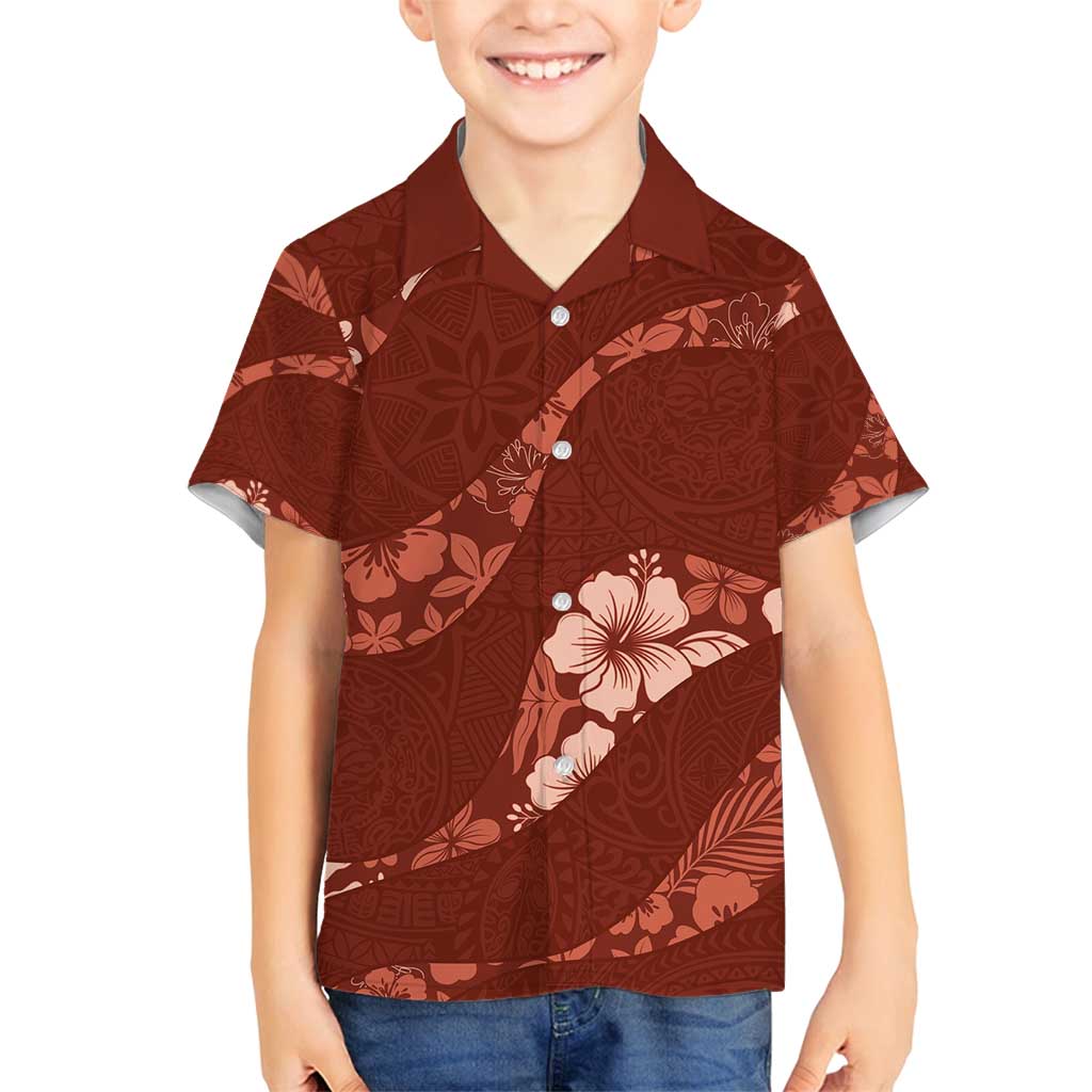 Aloha Hawaii Floral Tapa Family Matching Long Sleeve Bodycon Dress and Hawaiian Shirt Patchwork Crimson - Polynesian Pride