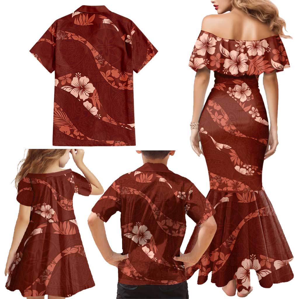Aloha Hawaii Floral Tapa Family Matching Mermaid Dress and Hawaiian Shirt Patchwork Crimson - Polynesian Pride