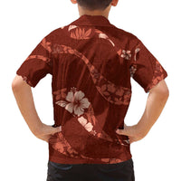 Aloha Hawaii Floral Tapa Family Matching Off The Shoulder Long Sleeve Dress and Hawaiian Shirt Patchwork Crimson - Polynesian Pride