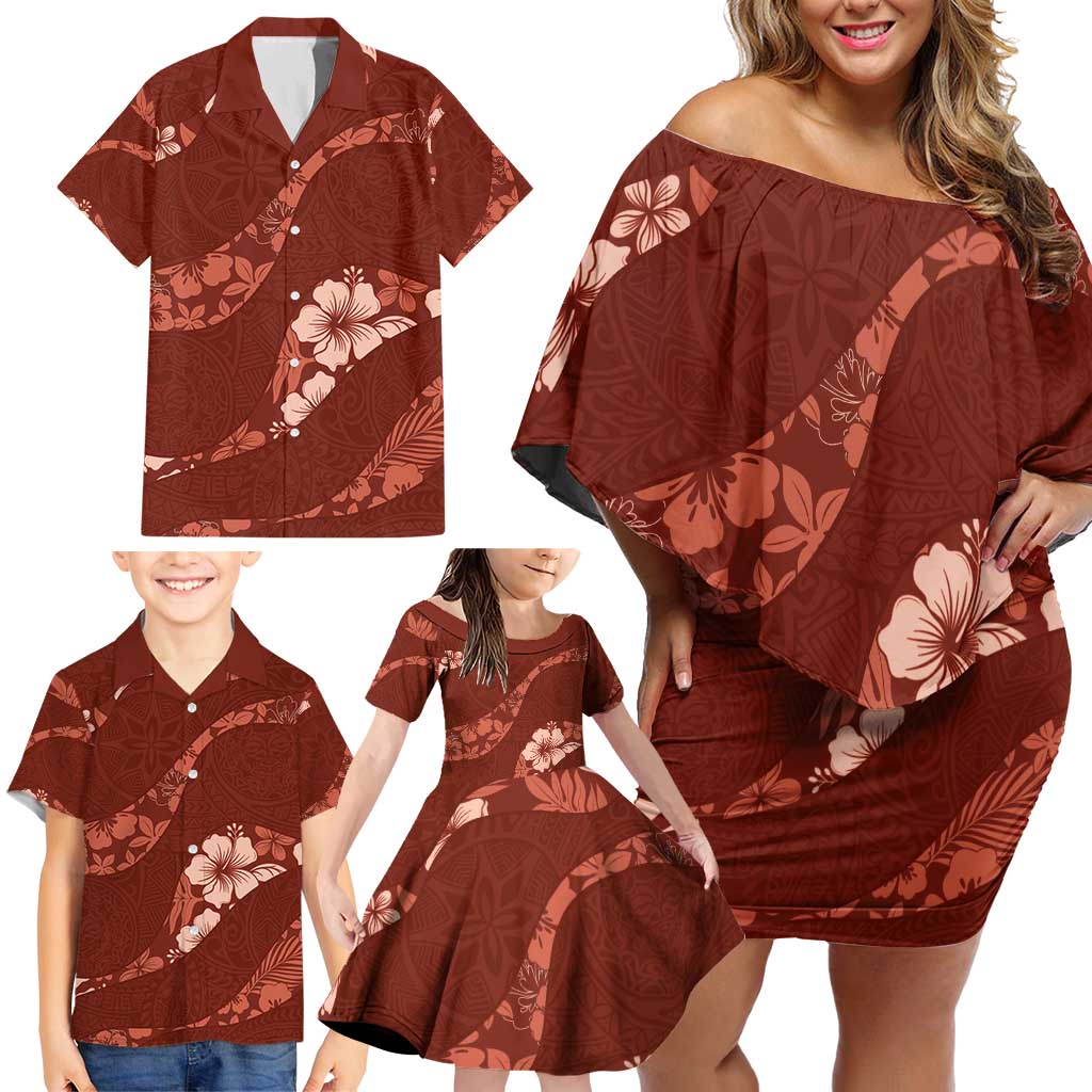 Aloha Hawaii Floral Tapa Family Matching Off Shoulder Short Dress and Hawaiian Shirt Patchwork Crimson - Polynesian Pride