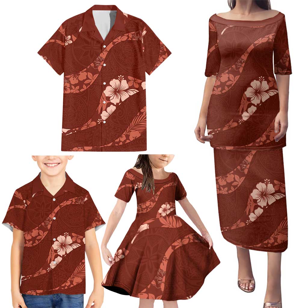 Aloha Hawaii Floral Tapa Family Matching Puletasi and Hawaiian Shirt Patchwork Crimson - Polynesian Pride