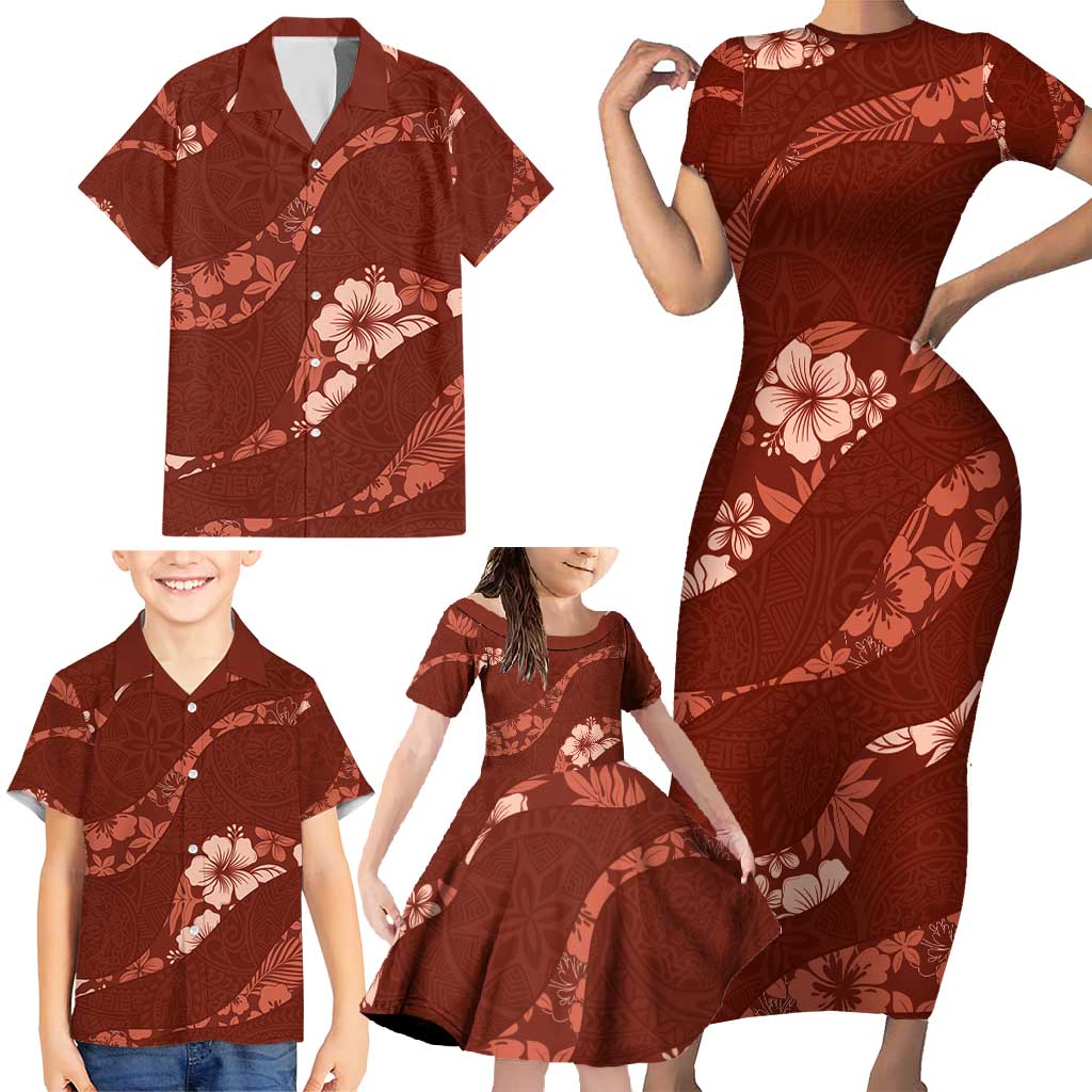 Aloha Hawaii Floral Tapa Family Matching Short Sleeve Bodycon Dress and Hawaiian Shirt Patchwork Crimson - Polynesian Pride