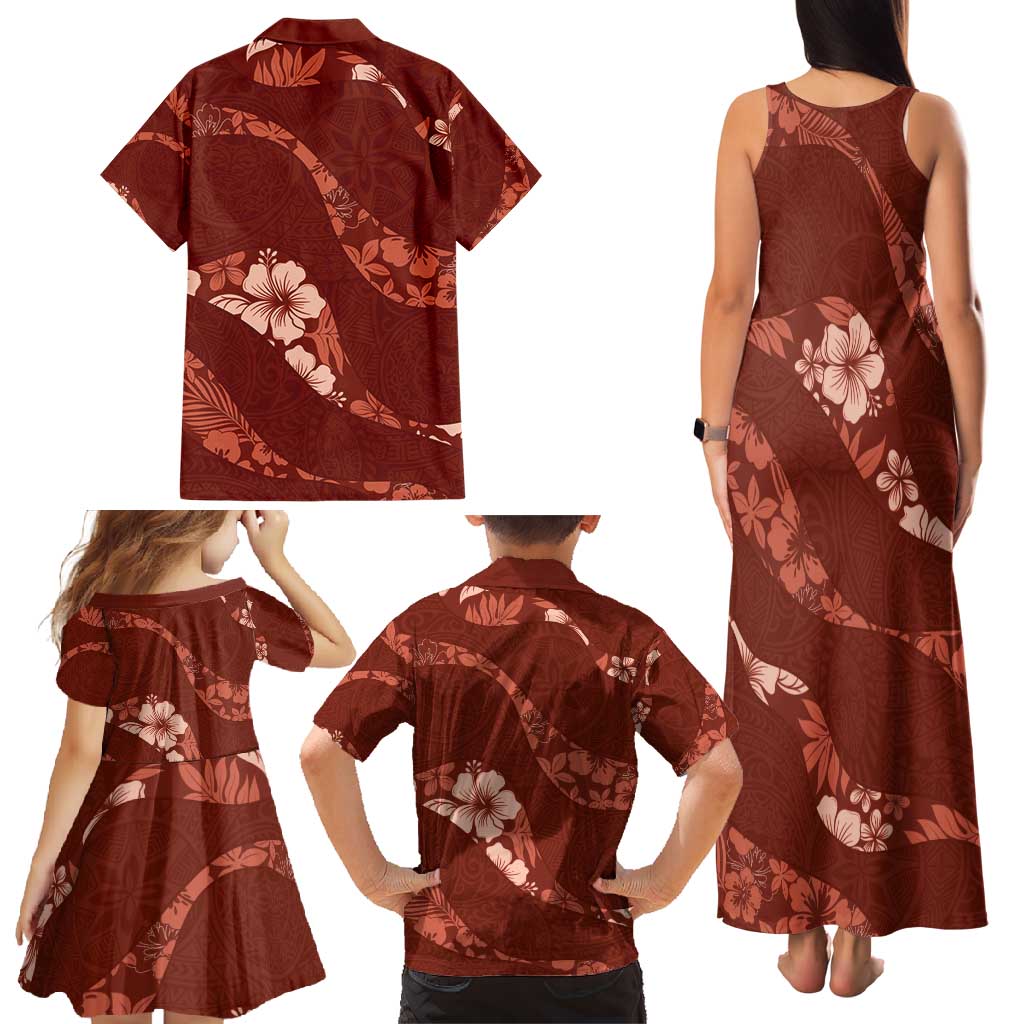 Aloha Hawaii Floral Tapa Family Matching Tank Maxi Dress and Hawaiian Shirt Patchwork Crimson - Polynesian Pride